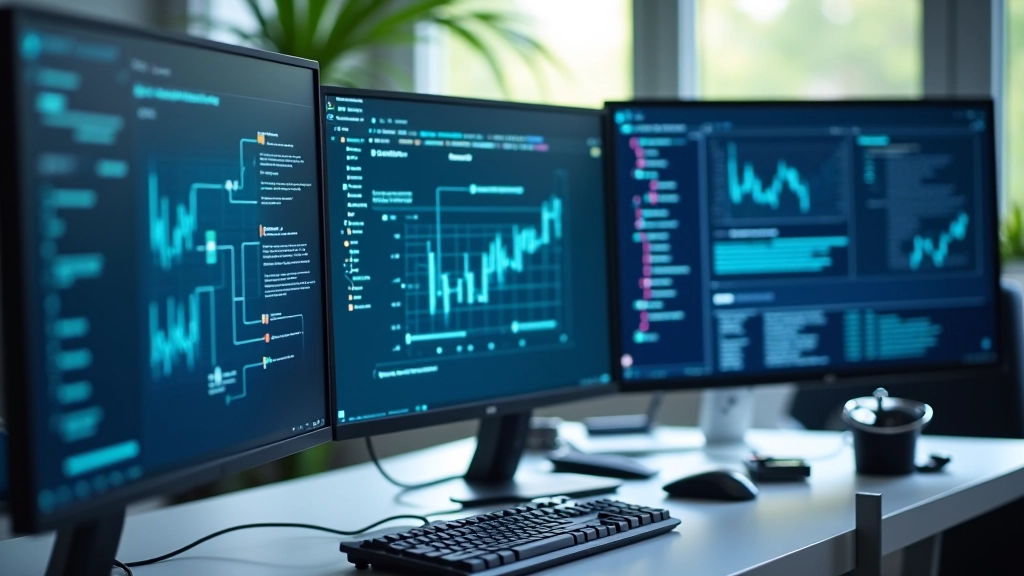 Dators ar mašīnmācīšanās diagrammām, datu analīzes grafikiem un programmatūras logu uz ekrāna, kas rāda algoritmu procesu