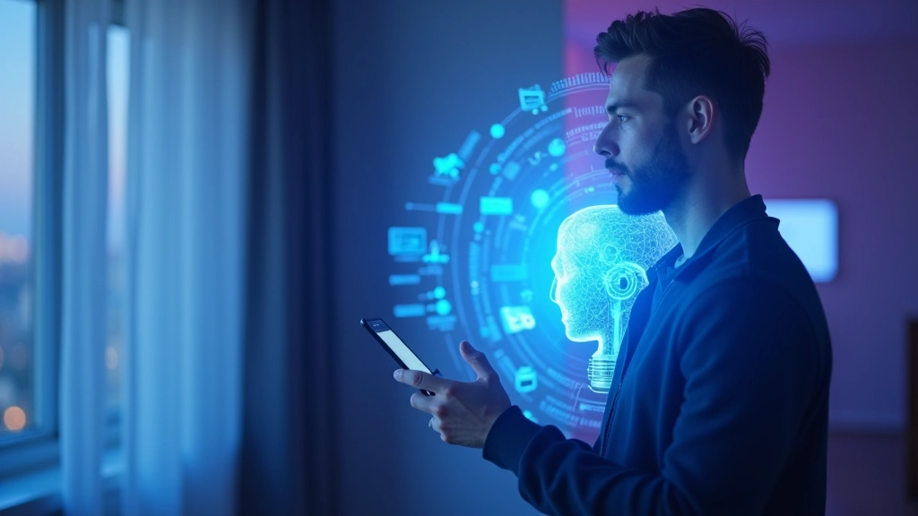 Nākotnes videi līdzīga attēls — persons ar hologrāfisku asistenta saskarni, mājas intelekts visapkārt